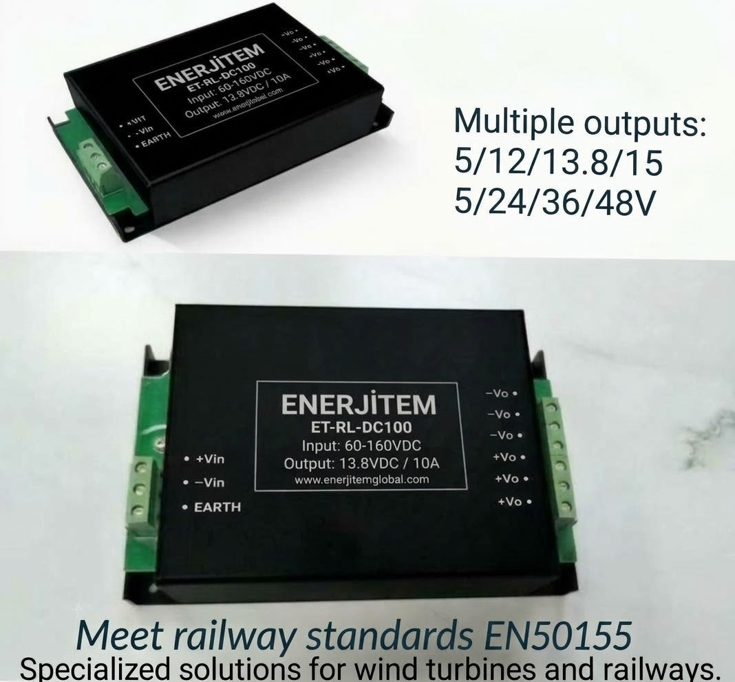 Convertisseur de courant industriel ENERJİTEM, entrée CC 60-160 V, sorties multiples 12 V, conforme aux normes ferroviaires EN 50155 et aux éoliennes, pour usage industriel