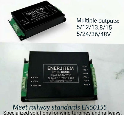 Convertisseur de courant industriel ENERJİTEM, entrée CC 60-160 V, sorties multiples 12 V, conforme aux normes ferroviaires EN 50155 et aux éoliennes, pour usage industriel