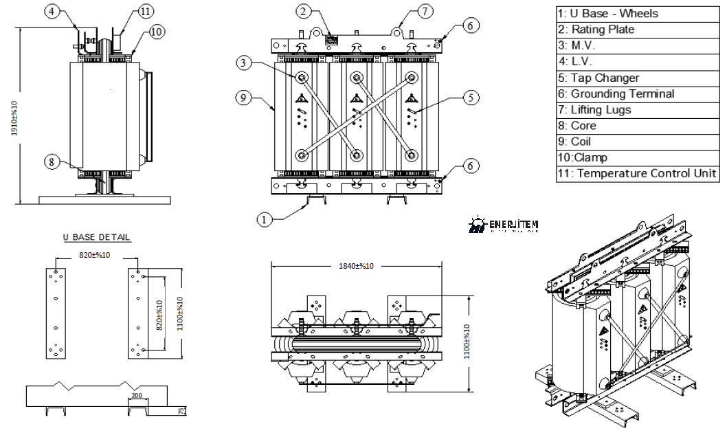 Transformateur de distribution sec ENERJİTEM 630 kVA, transformateur en résine moulée MT/BT