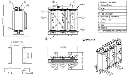 Transformateur de distribution sec ENERJİTEM 630 kVA, transformateur en résine moulée MT/BT